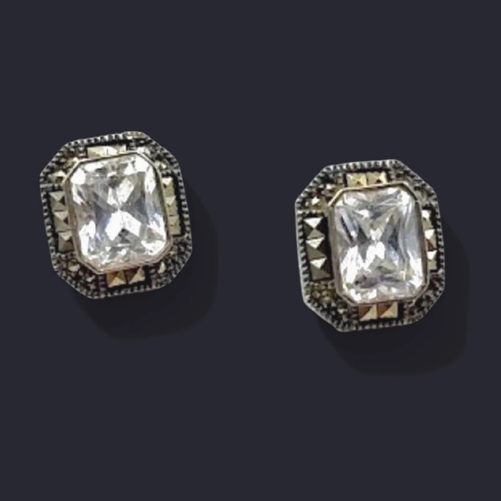 JUDITH JACK Sterling Silver Marcasite Faceted CZ Vintage Earrings - Picture 2 of 16